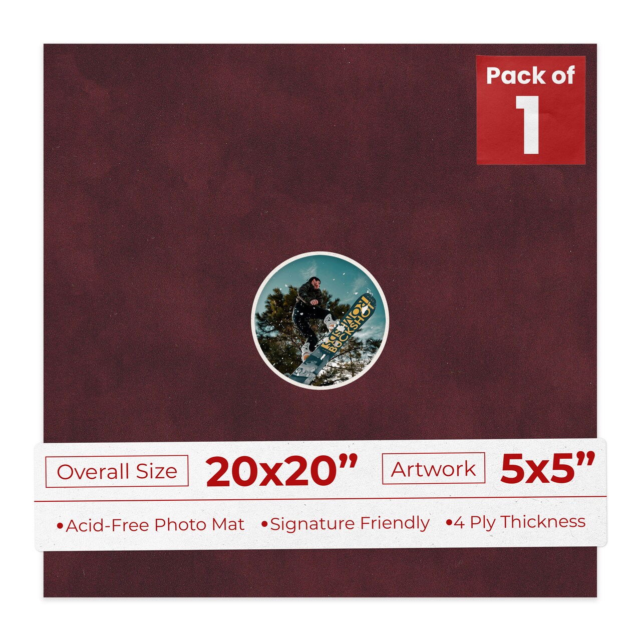 Dark Red Suede Mat Board for 20x20 Frames - Circle Opening for 5x5 Photos